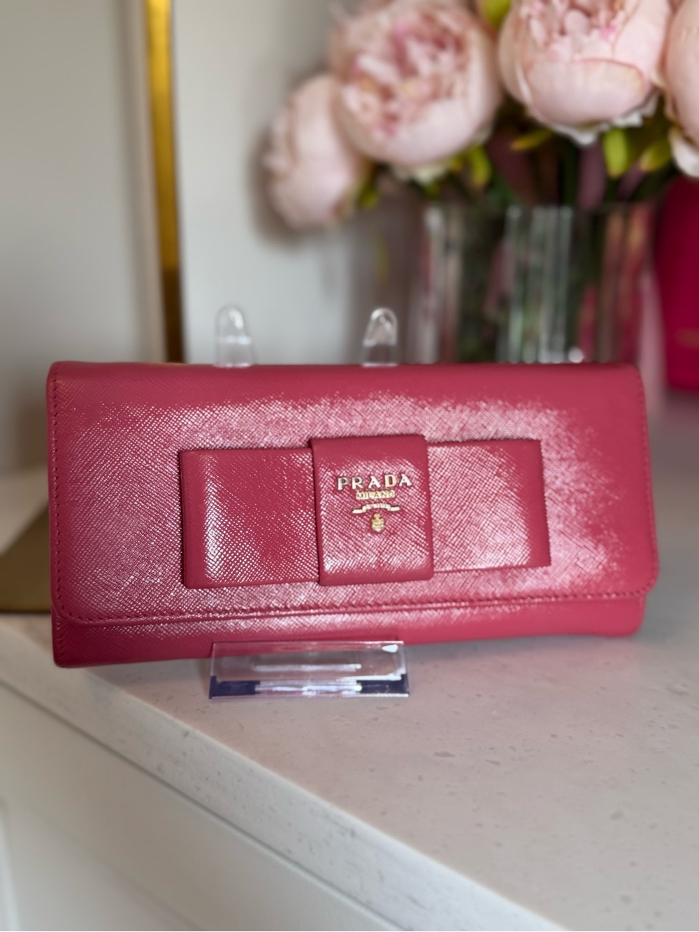Prada like new Saffiano Leather Continental Bow Wallet - Pink